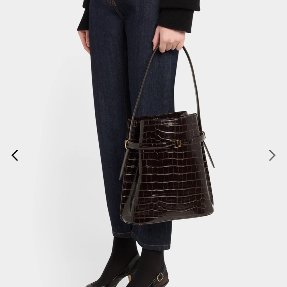 $1495 Toteme Dark Brown Belted Croc-Embossed Tote Bag - Picture 3 of 14